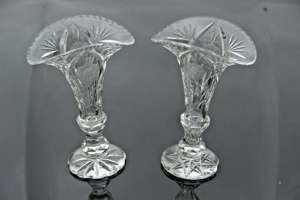 PAIR bohemian  clear crystal glass vase floral decor 1960