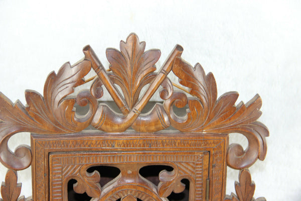 Antique black forest wood carved apothecary wall cabinet pipes tobacco