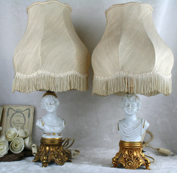 PAIR Italian capodimonte Tyche tosca porcelain buste boy girl lamp marked shade