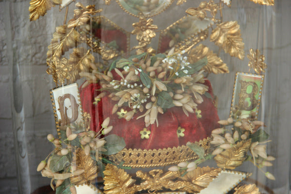 Antique Victorian Bridal wedding dome Globe Glass with tiara wax initials