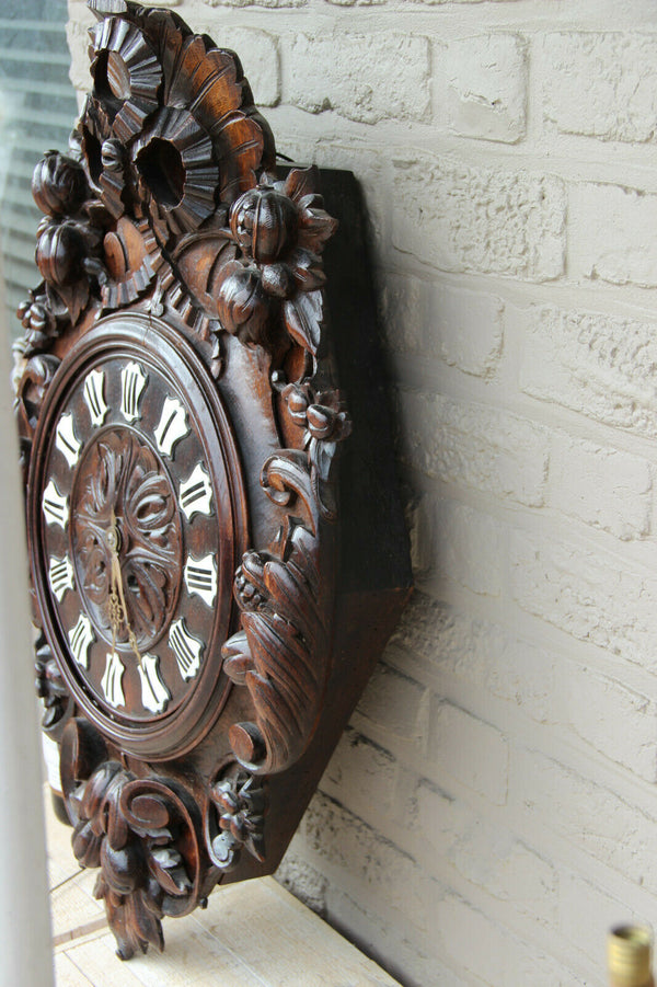XL Top antique BLACK FOREST wood carved Wall clock Floral decor