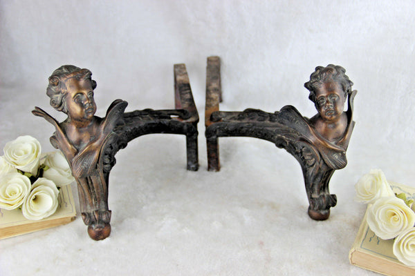 PAIR Rare Antique French Putti Cherub Bronze Cast iron Fireplace andirons