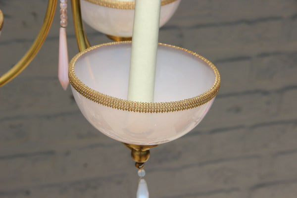 Vintage Murano opaline soft pastel pink white glass drops chandelier pendant 70s