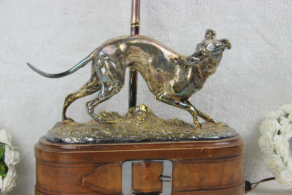 Mid century 1970 Bronze silver patina Greyhound whippet dog lamp wood base