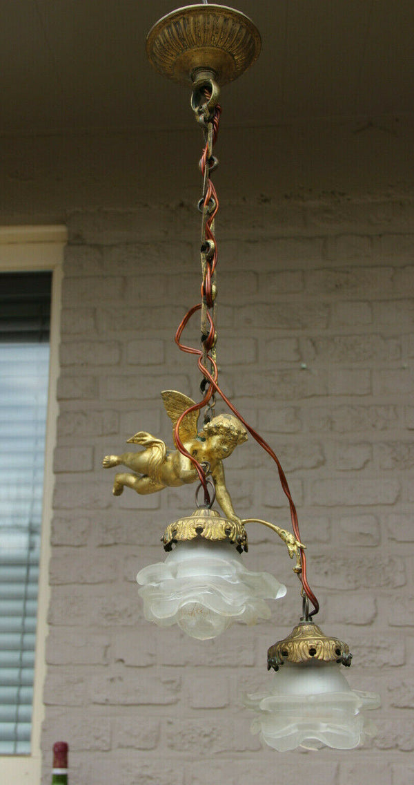 French Antique Bronze Angel putti tulip shade pendant lamp candelier