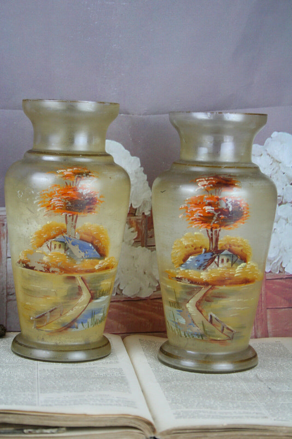 PAIR French Glass painted Vases circa 1950 landscape farm mill
