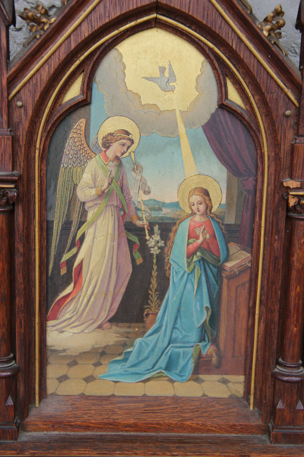 Antique Neo gothic religious Tryptique oil panel angel Gabriel mary Annunciation