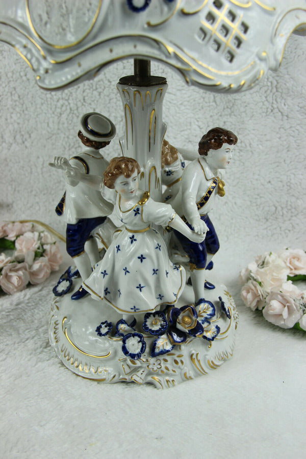 German PLAUE schierholz porcelain Lamp group figurines dancing blue white signed