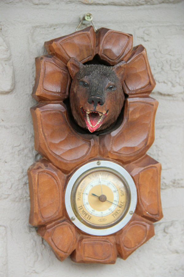 Vintage wood carved Black forest bear wall barometer