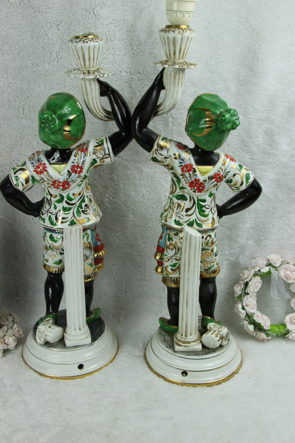 PAIR Italian Venetian Blackamoor faience porcelain Figurine table lamps 1950