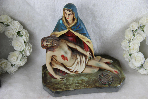 Antique Chalkware polychrome PIETA jesus christ statue religious group