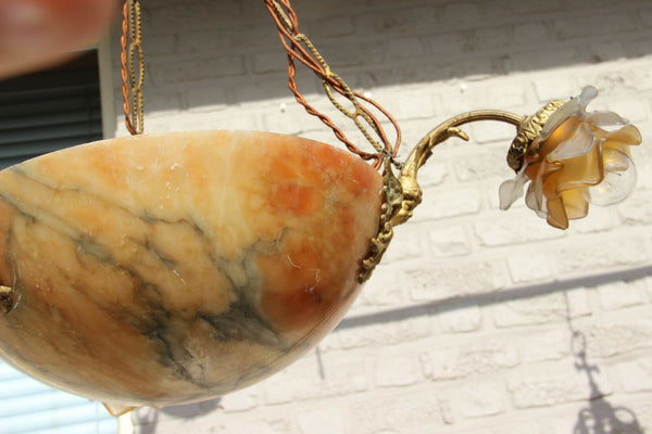 Antique French art nouveau Alabaster amber bowl Caryatid putti heads chandelier