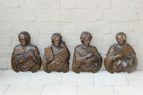 Rare set 4 Antique 1880 Wood carved portrait bust Evangelists Saints Religious