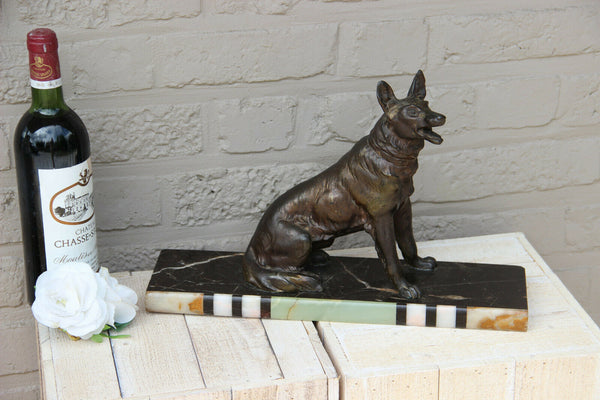 Antique ART DECO 1930 Spelter bronze german sheperd dog marble base statue