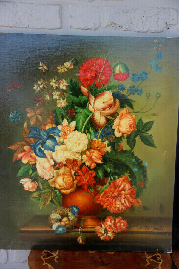 PAIR Flemish school vintage oil Maroufle panel painting floral flowers bouquet