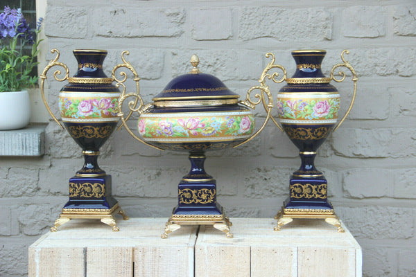 French set of 3 porcelain limoges centerpiece bowl with vases floral decor 1960