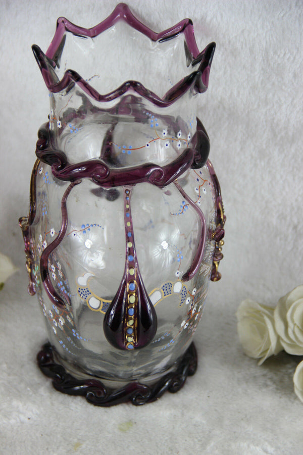 RARE top Antique 1900 Bohemian MOSER Enamel art glass Vase drops floral decor