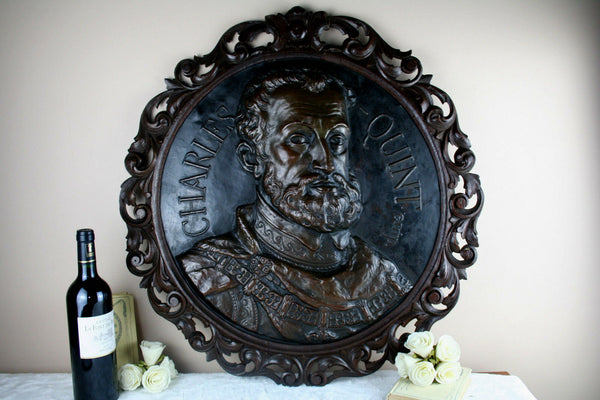 Black forest Wood carved Copper embossed Wall plaque Charles quint portrait