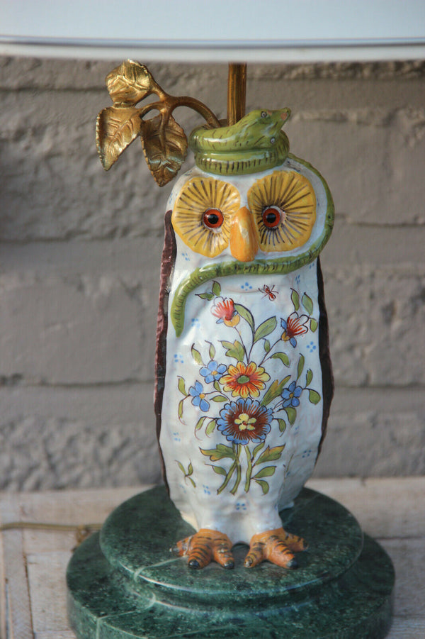 PAIR french hollywood regency rouen Ceramic polychrome owl Figurine table lamps