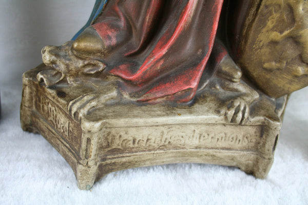 Antique XL Madonna of Flanders lion snake statue figurine plaster polychrome