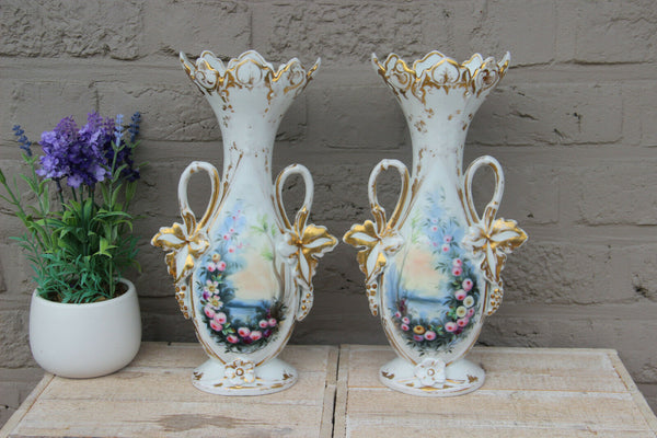 PAIR antique vieux paris porcelain  hand paint floral porcelain vases