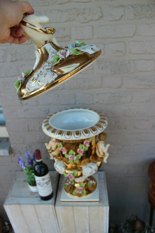 XXL Italian capodimonte porcelain vase Putti angels majolica floral decor lidded