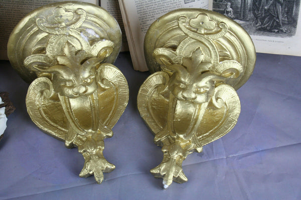 Pair French antique chalkware gold gilted Faun devil satyr head wall consoles