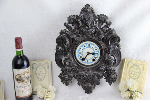 RARE Antique BLACK FOREST wood carved german wall clock caryatid lady head