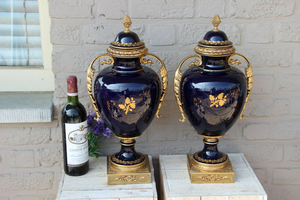 PAIR French cobalt blue porcelain de sevres Vases romantic victorian