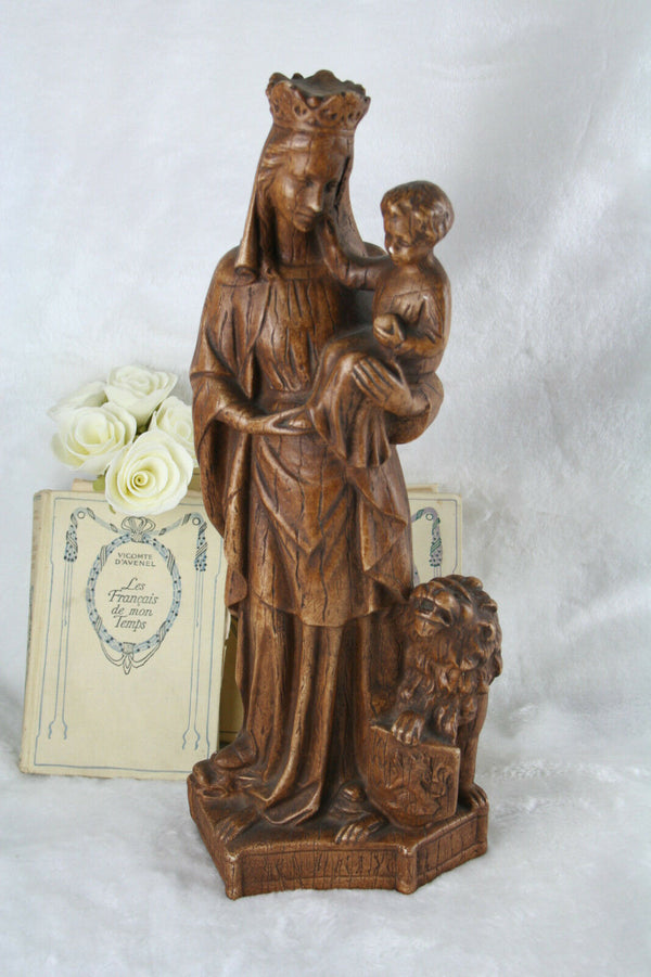 Antique Flanders plaster chalkware Virgin Mary Child lion Religious