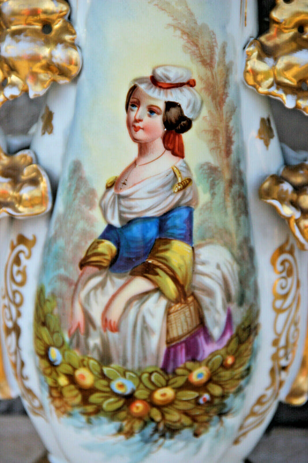 Antique French 19thc Vieux paris porcelain hand paint lady portrait vase