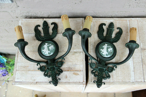 PAIR antique French bronze Wedgwood porcelain plaque wall lights sconces putti