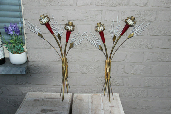 PAIR French mid century Wall lights sconces maison Lunel Red brass