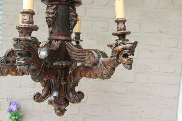 Antique french oak wood carved gothic castle dragon devil heads chandelier rare