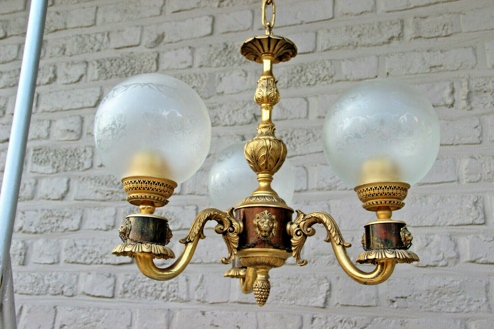 Vintage French brass 3 arm lion heads Chandelier glass globes 1970