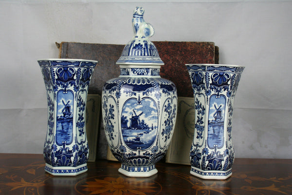 SET Blue - white pottery Delft  Mills Landscape Vases set marked made by BOCH