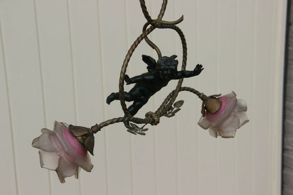 Antique French Art nouveau putti angel spelter Bronze chandelier pendant