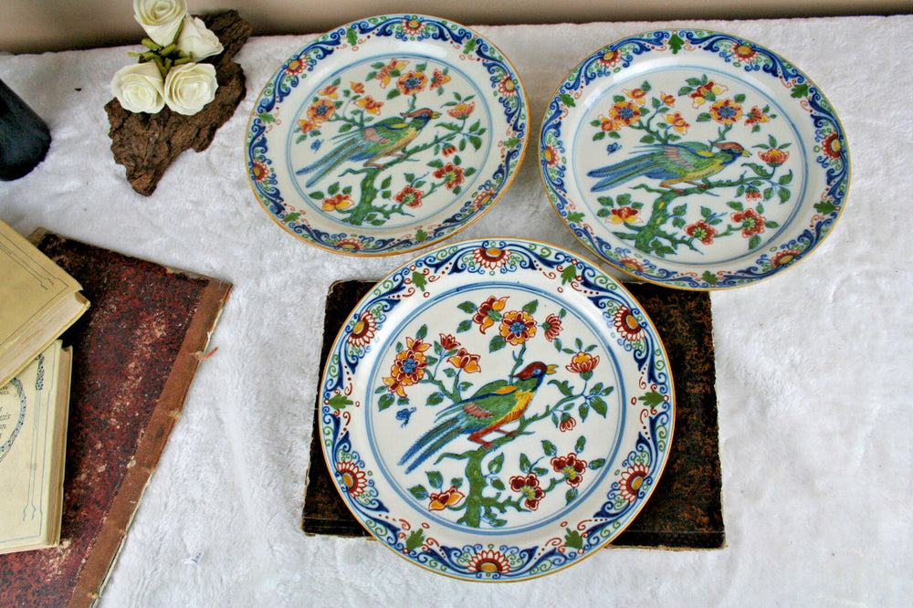 Set of 3  Antique Dutch pottery Plate with birds Makkum Tichelaar marked