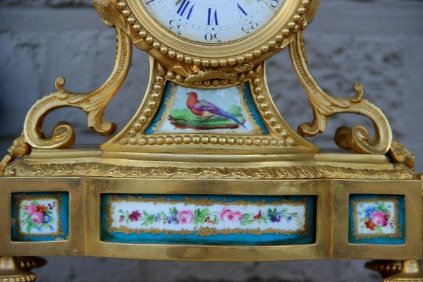 Antique french sevres porcelain plaques bronze mantel clock on wood base