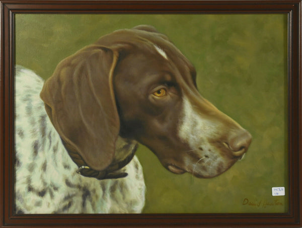 Vintage French oil canvas pianting Pointer hunting dog portrait signed