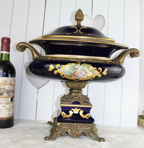 XXL french limoges marked porcelain centerpiece coupe lidded victorian scene