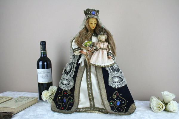 Rare Antique 1880 French crown Wax Madonna statue child cape stones religious