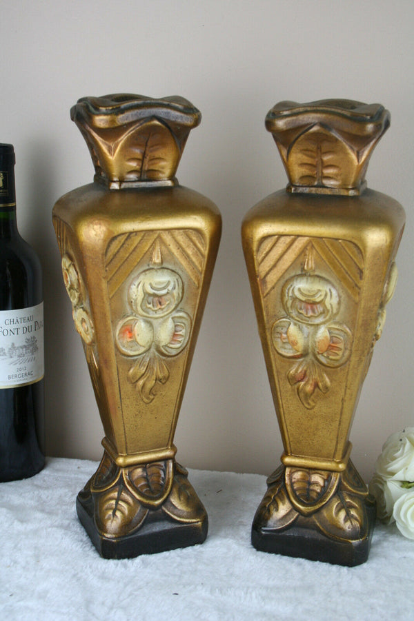 PAIR antique French religious plaster chalkware vases