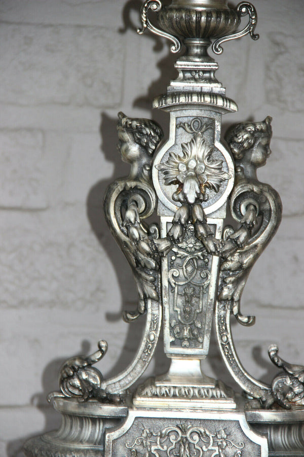French Vintage bronze silver patina Caryatid angel cherub winged figurines lamp