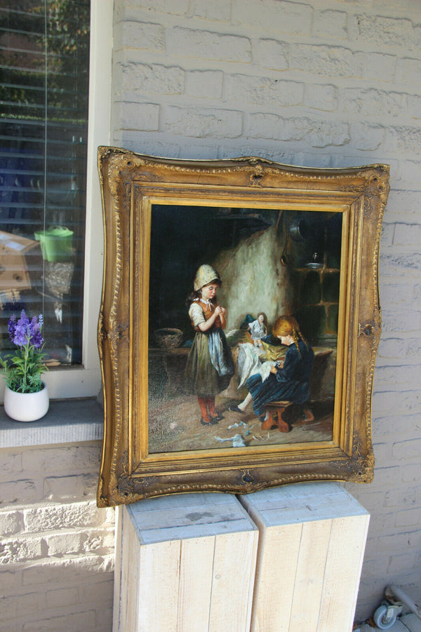Stunning Flemish kids playing doll interior  oil canvas vintage painting 1970s
