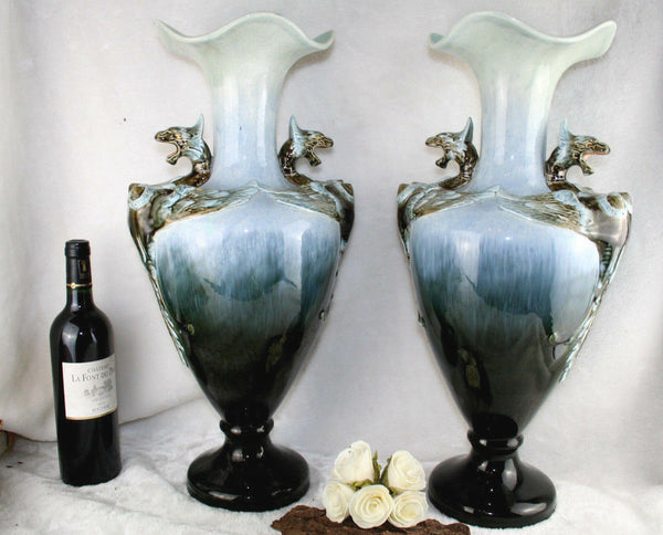 XL unusual PAIR French BARBOTINE majolica Art nouveau 1900 Dragon Vases marked