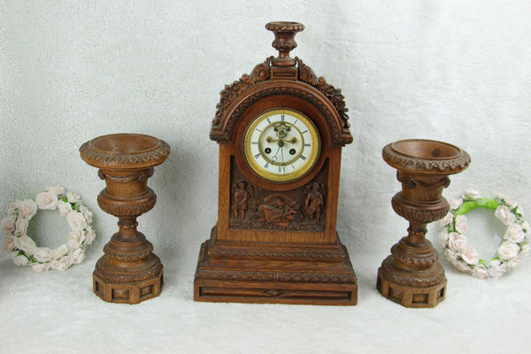 Antique French wood carved clock putti angel candle holders set