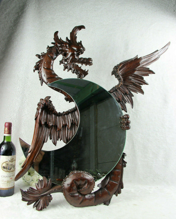 XL 30" 19thc Carved Black Forest gothic Dragon moon Mirror Attr. Viardot