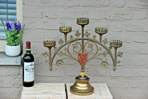 Antique religious bronze altar Church candle holder 5 arms candelabra