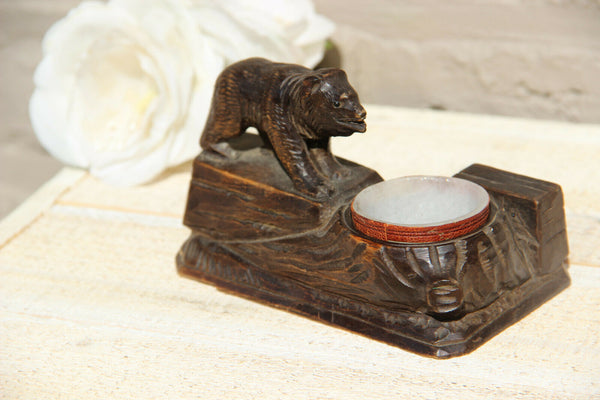 Antique hand Black forest wood carved swiss bear statue figurine  ashtray BRIENZ
